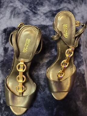 MICHAEL Michael Kors Black Sandals with Gold Chain Accents